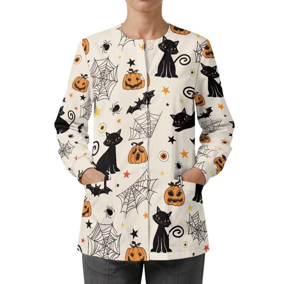 Binienty Halloween Pumpkin Cat Print Women Long Sleeve Scrub Jacket Lightweight Button Front Nurse Workwear With Pockets Breathable Medical Uniform for Hospital Clinic