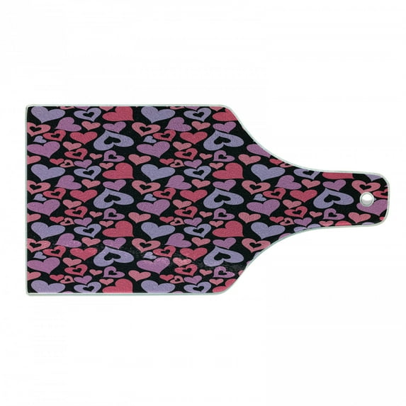 Love Cutting Board, Silhouette Hearts Pinkish Romantic Shapes Valentines Day Celebration Happy Cheerful, Tempered Glass Cutting and Serving Board, Wine Bottle Shape, Multicolor, by Ambesonne