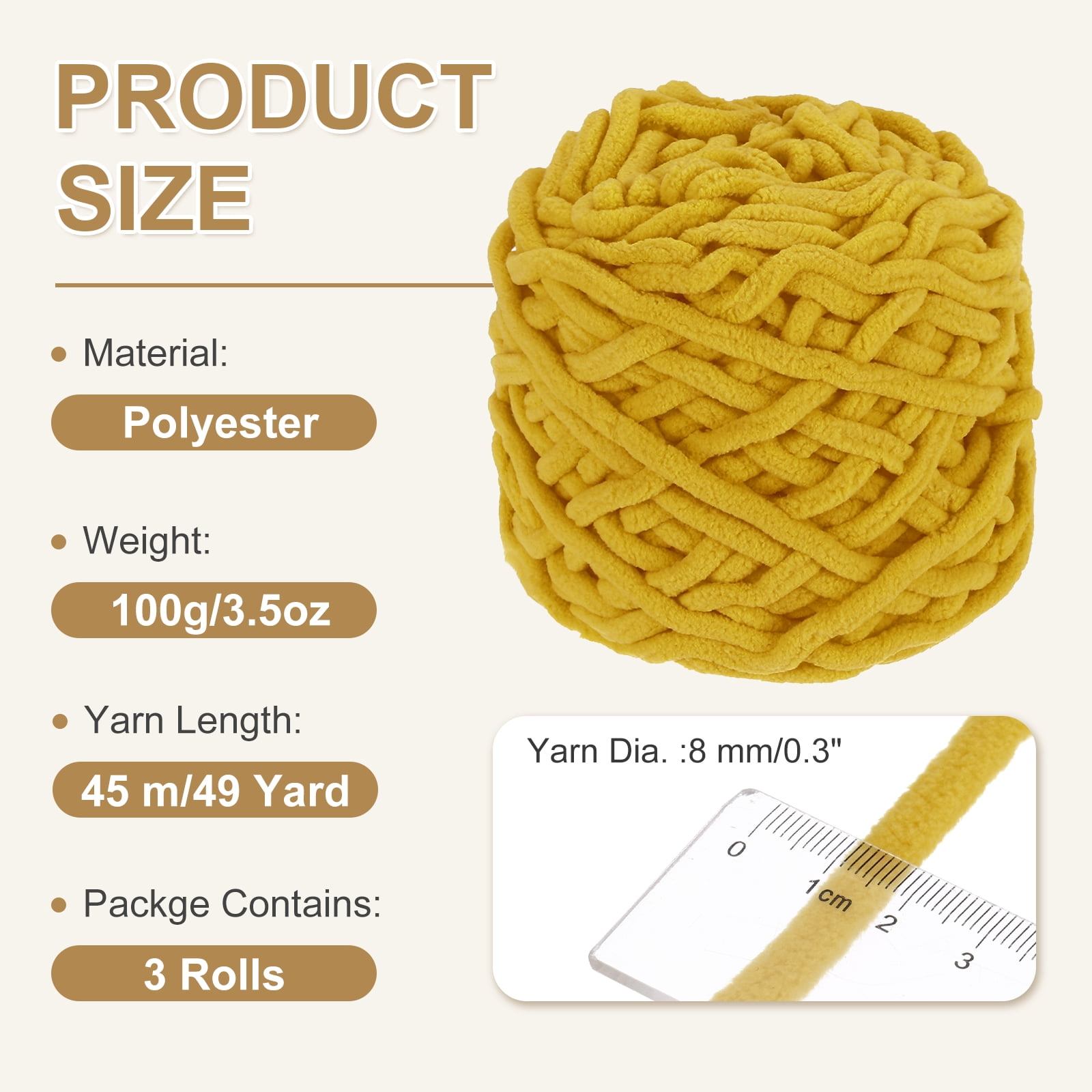 Uxcell 3 Pcs Blanket Yarn, 49 Yards Fluffy Velvet Plush Bulky Thick Chenille Chunky Yarn for Soft Velvet Blanket Shawl Scarf Crochet Hand Knitted Crafts, Dark Yellow