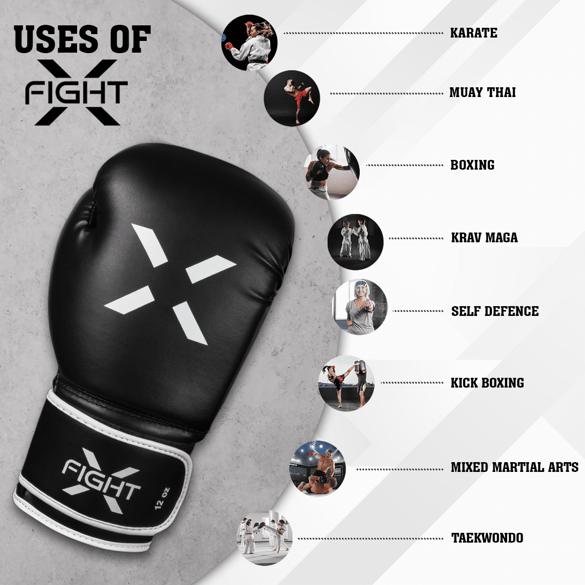 FightX Boxing Gloves for Men & Women MMA Mauy Thai Kickboxing Bag Punching Gloves (Black/White, 16oz)