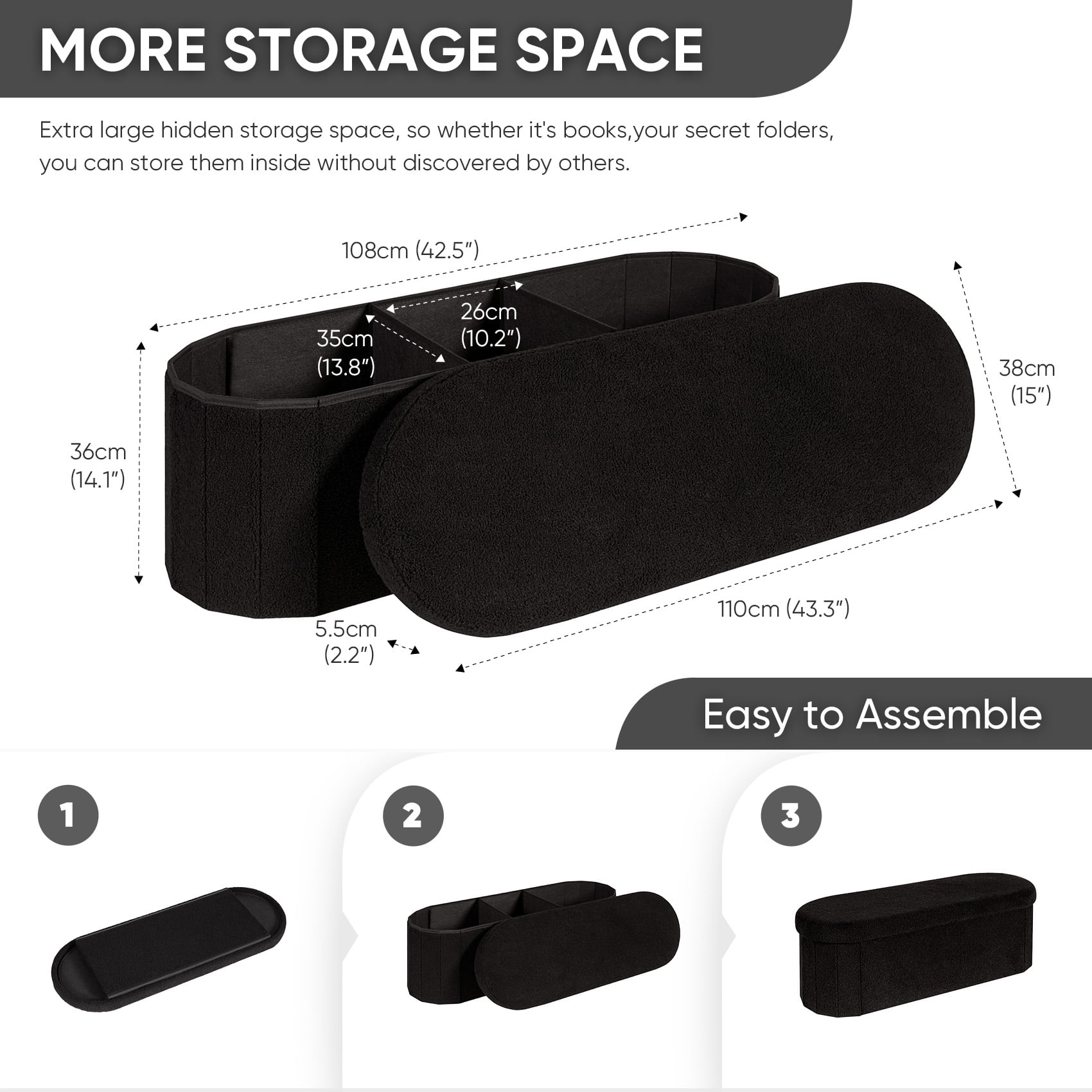 PINPLUS Storage Ottoman Bench Tufted Oval Ottoman Bench Foot Rest Velvet Bench with Storage 43" Black