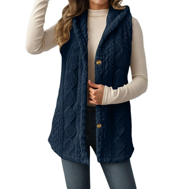 Womens Sherpa Vest with Hood Button Down Cable Knit Long Cardigans Winter Fleece Fuzzy Tunic Jackets Open Front Comfy Coats
