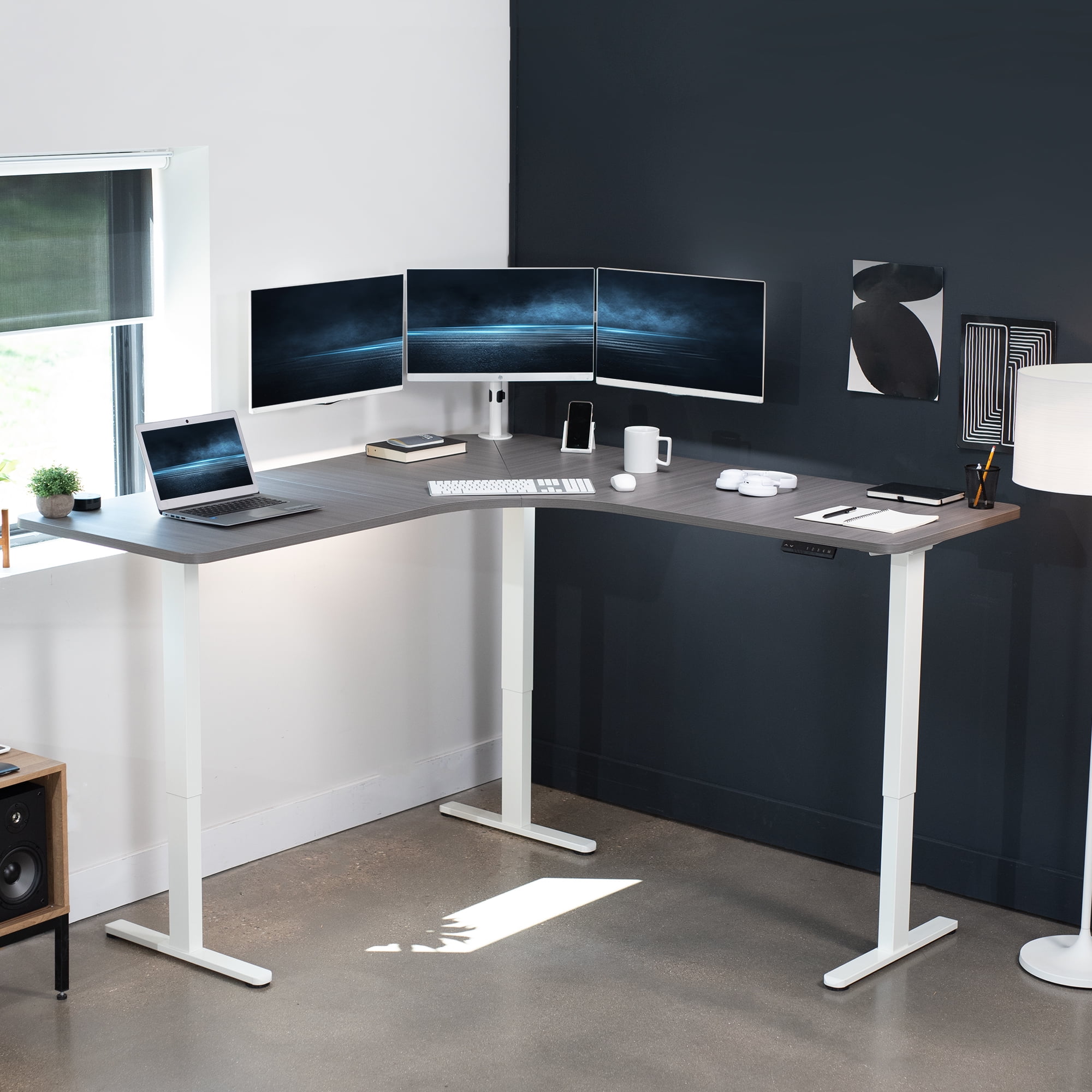 VIVO Dark Gray / White Electric 71" x 71" Curved Corner Stand Up Desk