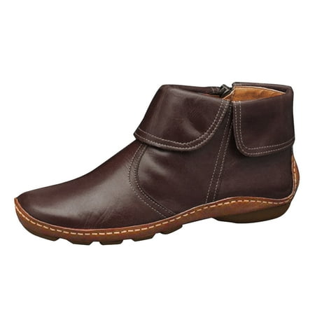 DVKOVI Western Boots Women Boots for Women Ankle Booties Fashion Women Solid Color Autumn Flat Zipper Short Booties Round Toe Shoes Plats Boots Leather Ankle Boots for Women Brown 42