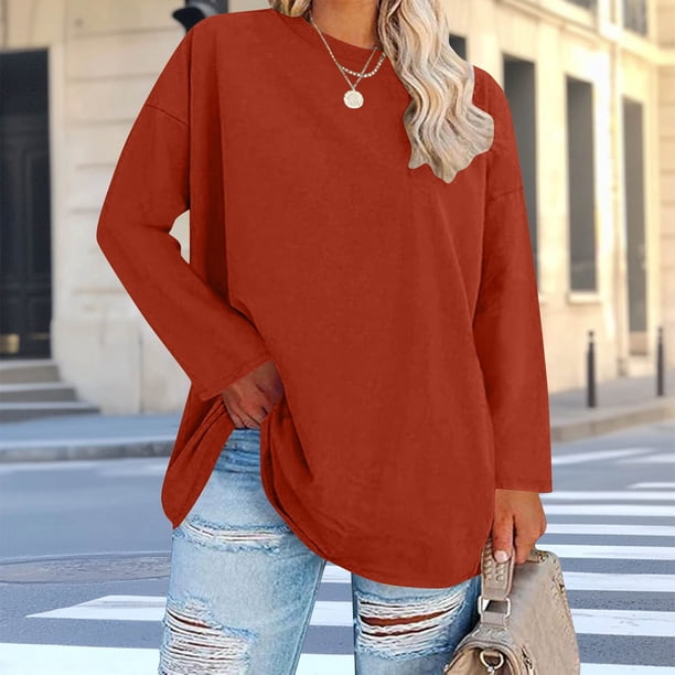 Xuyuer Womens Plus Size Tops Basic Long Sleeve Shirts Crew Neck T Shirt Fall Outfits Loose Fit Casual Blouses