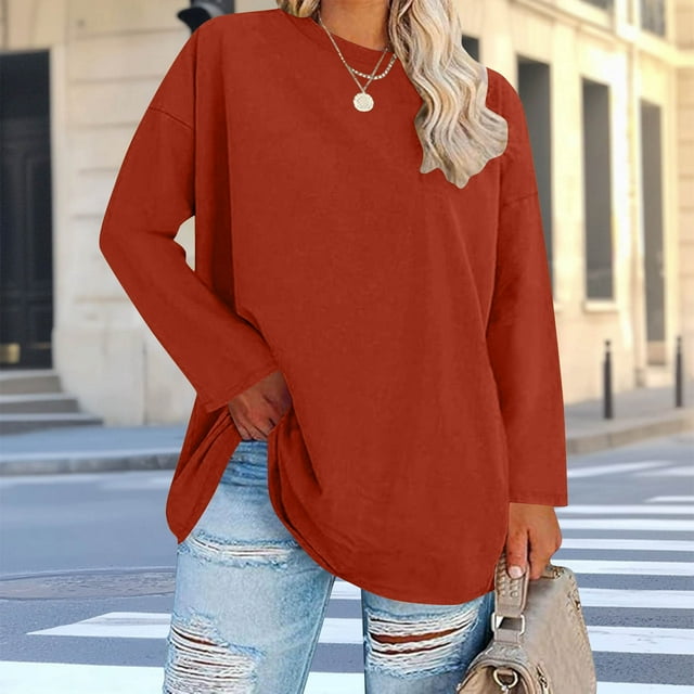 Ailaofu Hauts pour Femmes Grande Taille Manches Longues Col Rond T-Shirts Surdimensionnés Tuniques Décontractées Amples