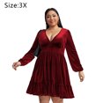 thumbnail image 2 of Laklulu Minivestido patinador con vuelo y cuello en V, manga larga, de terciopelo, línea A, para fiesta de cóctel, para mujer, Claret, 3X, 2 of 5