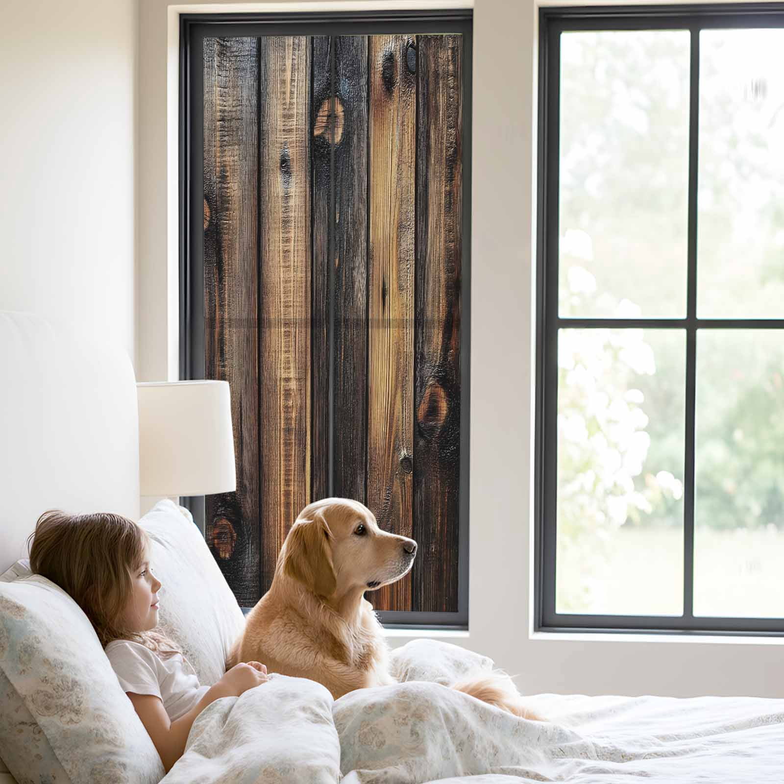 Black Brown Board Window Privacy Film, Vintage Chic Shabby Wooden Grain Static Cling UV Sun Blocking Heat Control Window Tint Day and Night, Non-Adhesive One Way Windows Privacy Cover 23.6''x59''