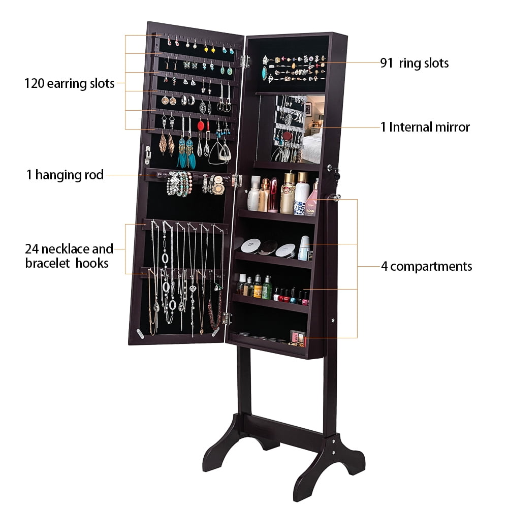 Lowestbest 4-Layer Jewelry Armoire, Wooden Floor Standing Jewelry Cabinet, Jewelry Organizer with Mirror for Earrings Bracelets Rings Necklace, Dark Brown Lowestbest 4-Layer Jewelry Armoire, Wooden Floor Standing Jewelry Cabinet, Jewelry Organizer with Mirror for Earrings Bracelets Rings Necklace, Dark Brown