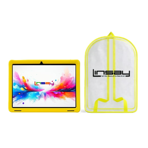 LINSAY 10.1"Octa Core 256GB Storage Android 15 Tablet with Yellow Kids Defender Case and Backpack