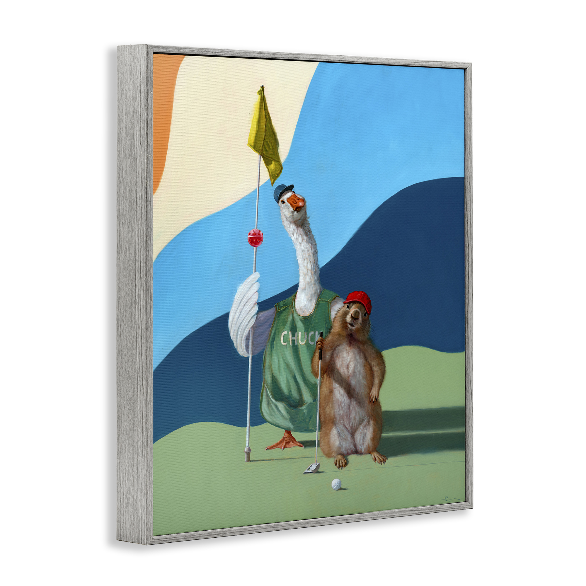 Stupell Industries Golfing Goose & Gopher Sports Painting Gray Framed Art Print Wall Art, 16 x 20