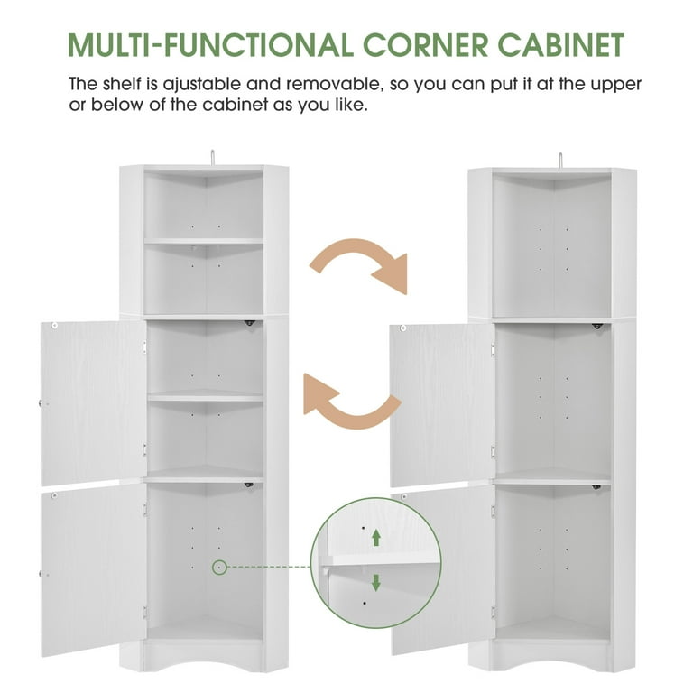 Tall Bathroom Corner Cabinet Freestanding Storage Cabinet with 2 Doors and Adjustable Shelves Wooden Side Cabinet with Curved Base Space Saving