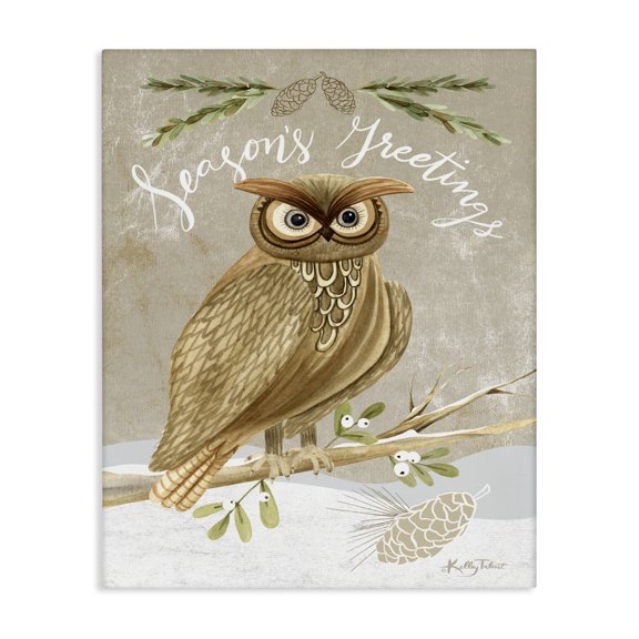 Stupell Industries Traditional Season's Greetings Winter Snowscape Owl Perched Pinecones Canvas Art, 16 x 20, by Kelley Talent