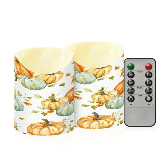 2 PCS Tilted Flameless Candles Flickering LED Lights Battery Operated Candles with Remote Timers for Holiday Decor Watercolor Pumpkins