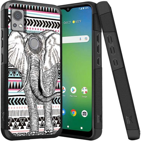 ANJ  Shockproof Dual Layer Slim Hard Case   Tempered Glass Cover Compatible with Icon 5, AT&T Motivate 4 - Tribal Elephant