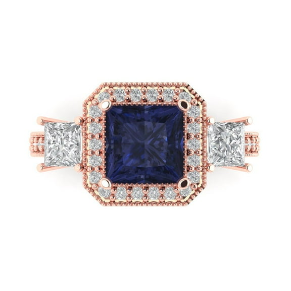 Three-Stone Engagement Ring for Women - 3.005ct Simulated Blue Sapphire in 14K Rose Gold Promise Ring