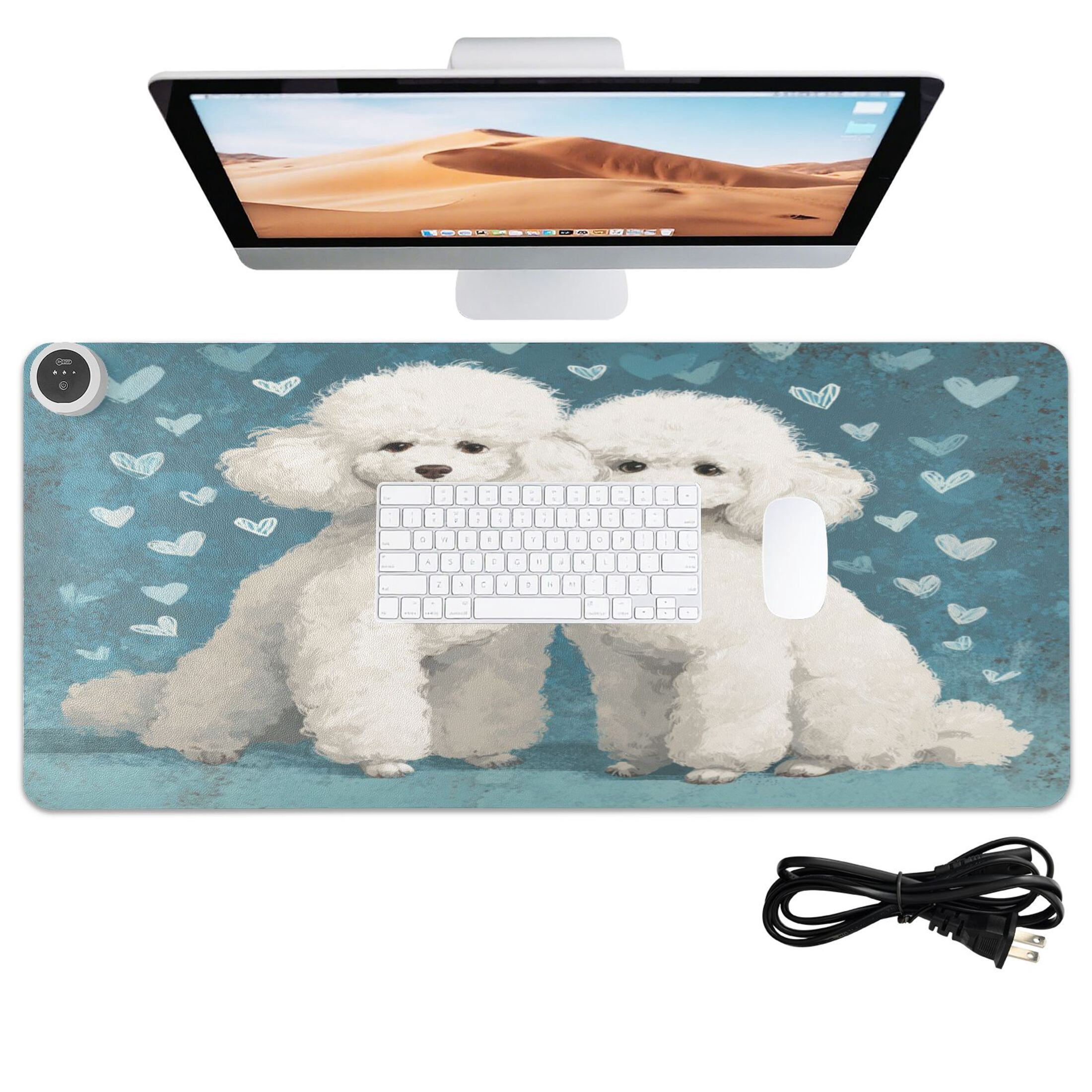 Large Heated Desk Mat Mouse Pad 31.5"x13"PU Leather Graphene Heating Desk Warmer with 3 Temperature Settings 110V US Plug Non-Slip Warm Pad for Home, Office, and Gaming Sweet White Poodle Duo