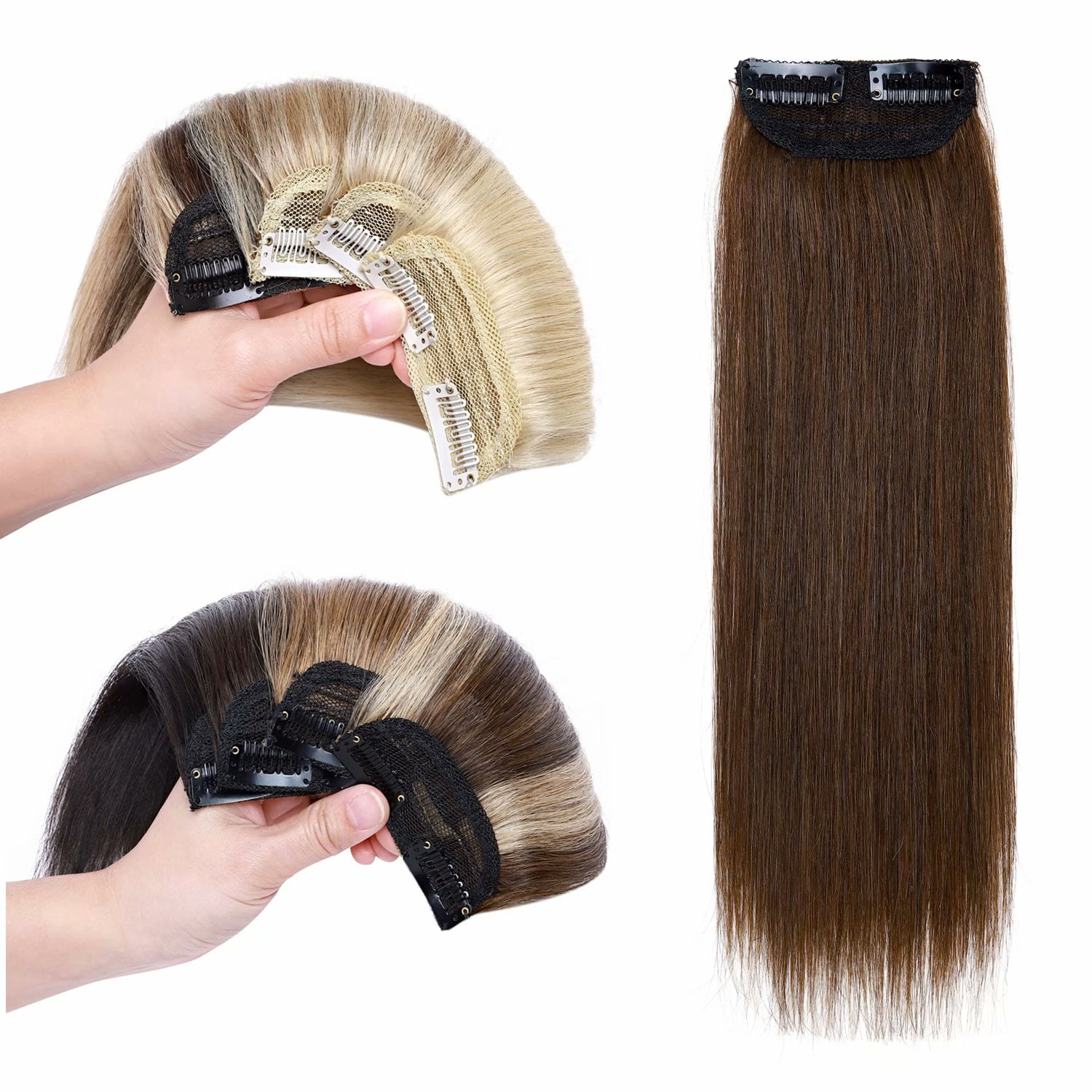 Benehair Clip in 100% Remy Human Hair Extensions Hair Pad Invisible Hairpiece Topper Thickened Soft Thin Hair Brown 2 Pieces