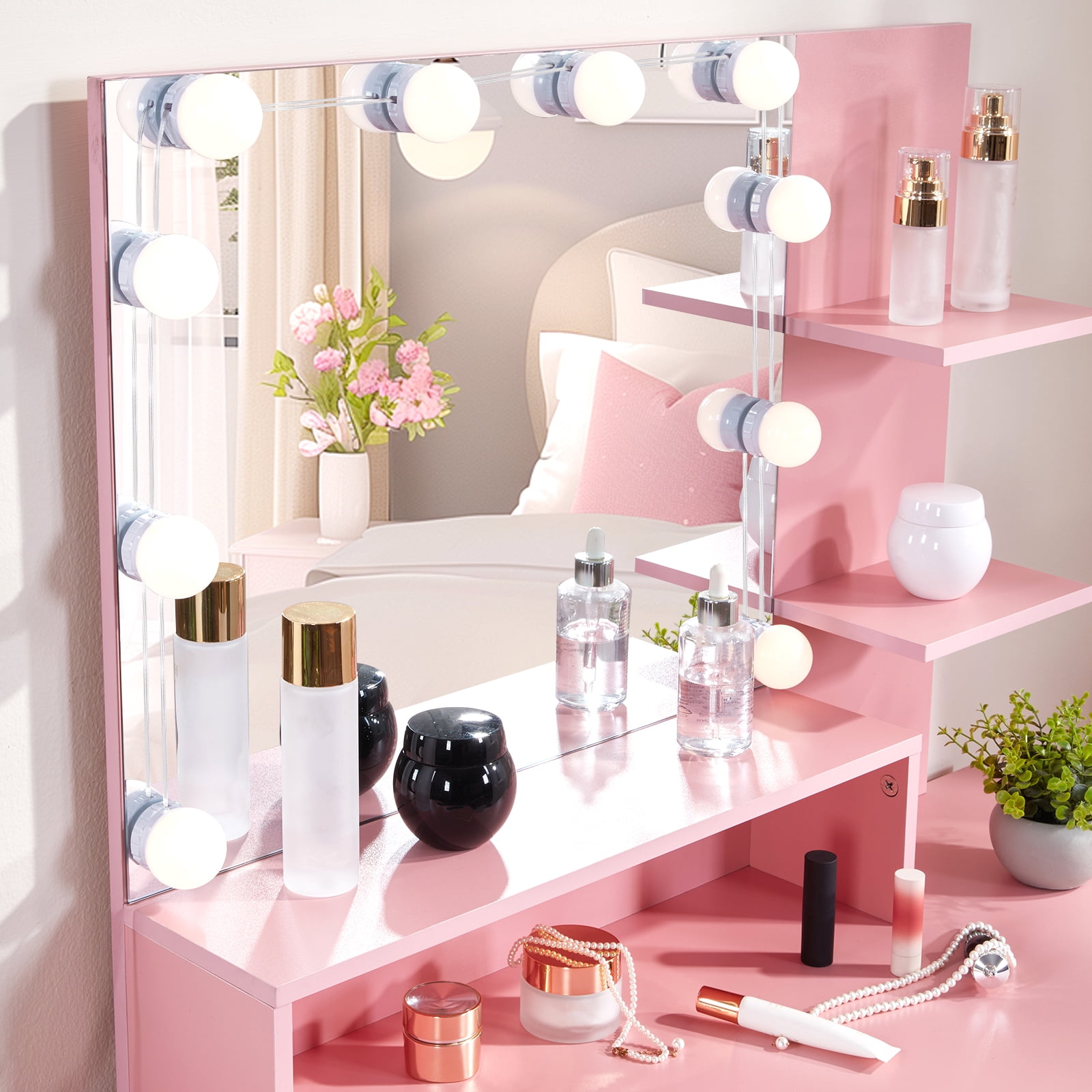 Vanity Set with 1 Drawer, 1 Door and 3 Shelf Layers, Three-Tone Dimmable Globe Bulb Lamp, Pink Textured Particle Board with Melamine Coating