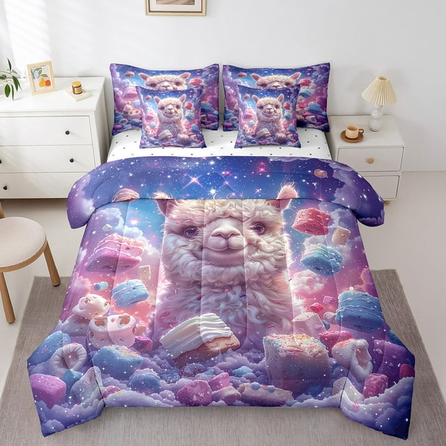YST Ensemble de Literie 7 Pcs Llama Alpaca, Ensemble de Couette Dessert Gâteau Coloré, Grand Lit