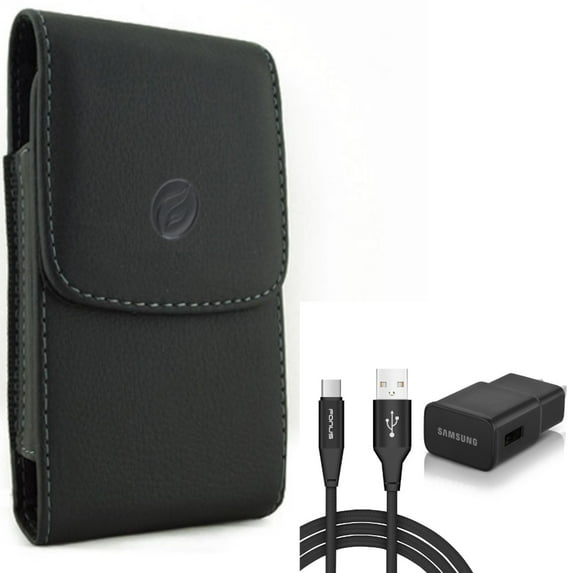 6ft USB Cable Type-C Fast Home Charger w Holster Leather Case Belt Clip for HTC U12 Plus - LG V40 ThinQ, Premier Pro Plus (L455DL), Stylo 4 Plus, Harmony 4 - Motorola Moto Z4 Z3 Play Z2 Play