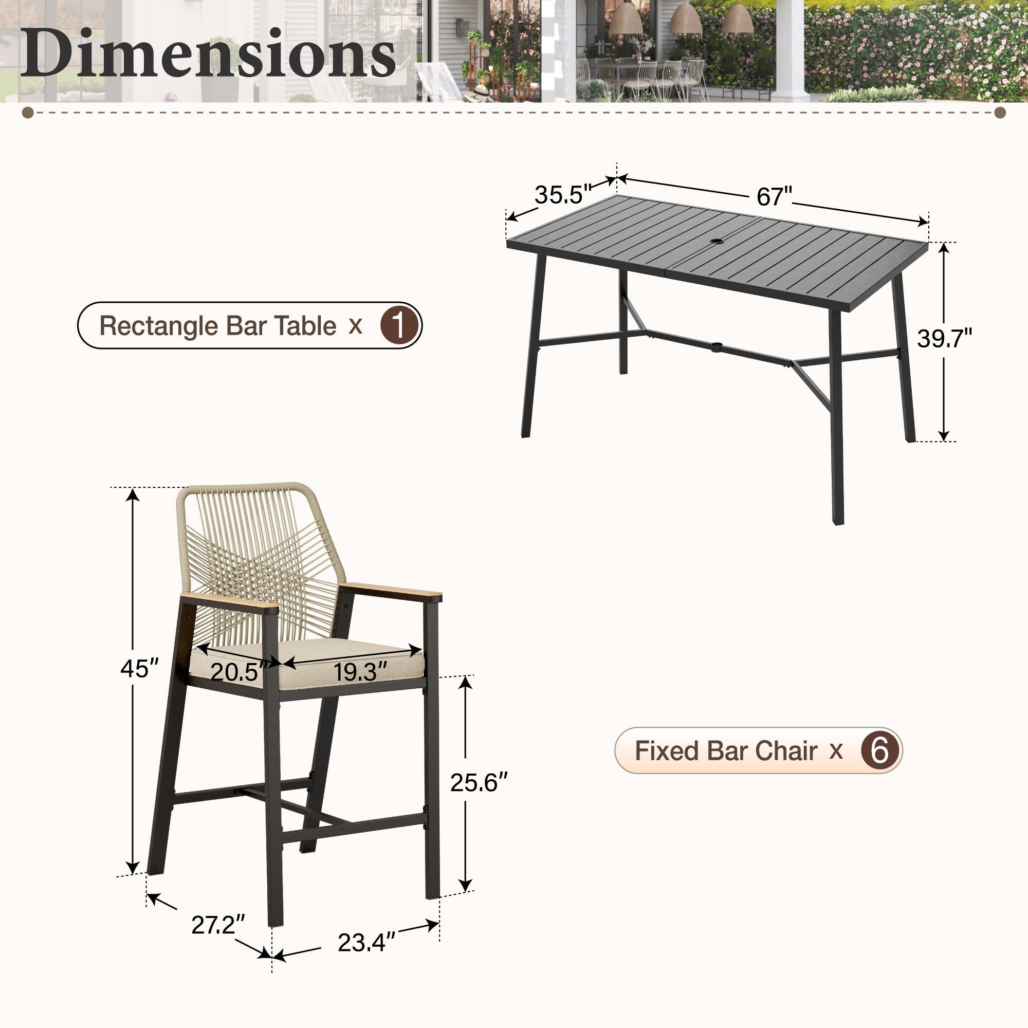 MF Studio 7-Piece Outdoor Patio Bar Set Dining Set, All-Weather Rattan Bar Height Table Set with Removable Cushions, 67” Rectangle Bar Table