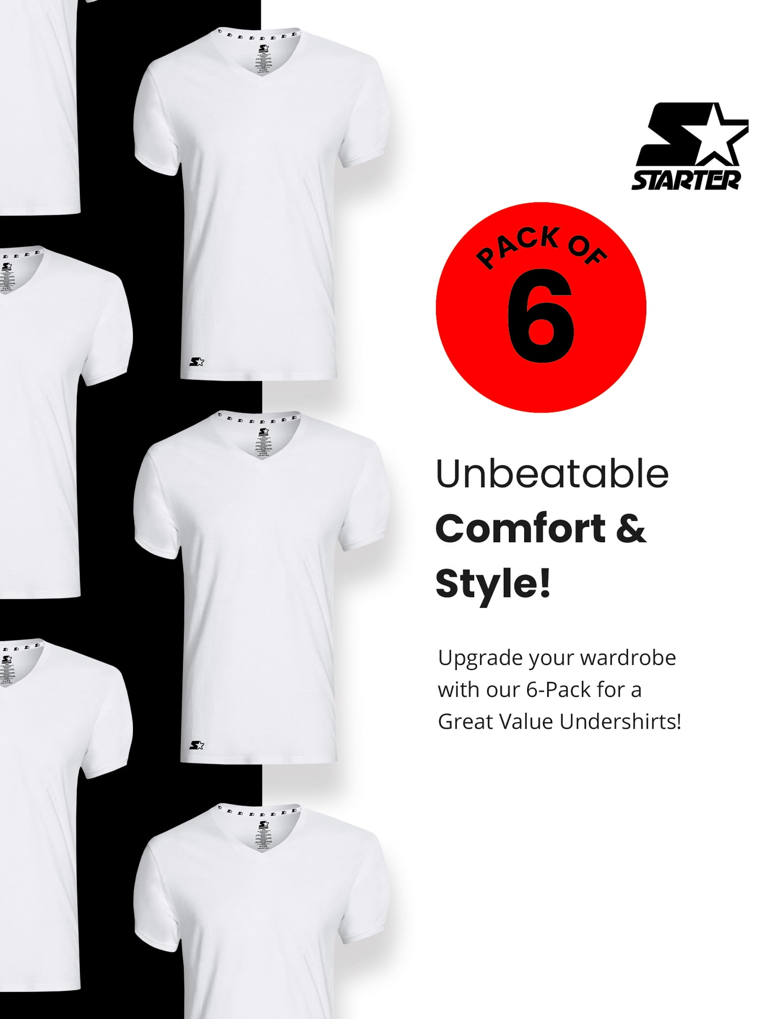 Starter Men's V-Neck Tees with Short Sleeves, 6-Pack