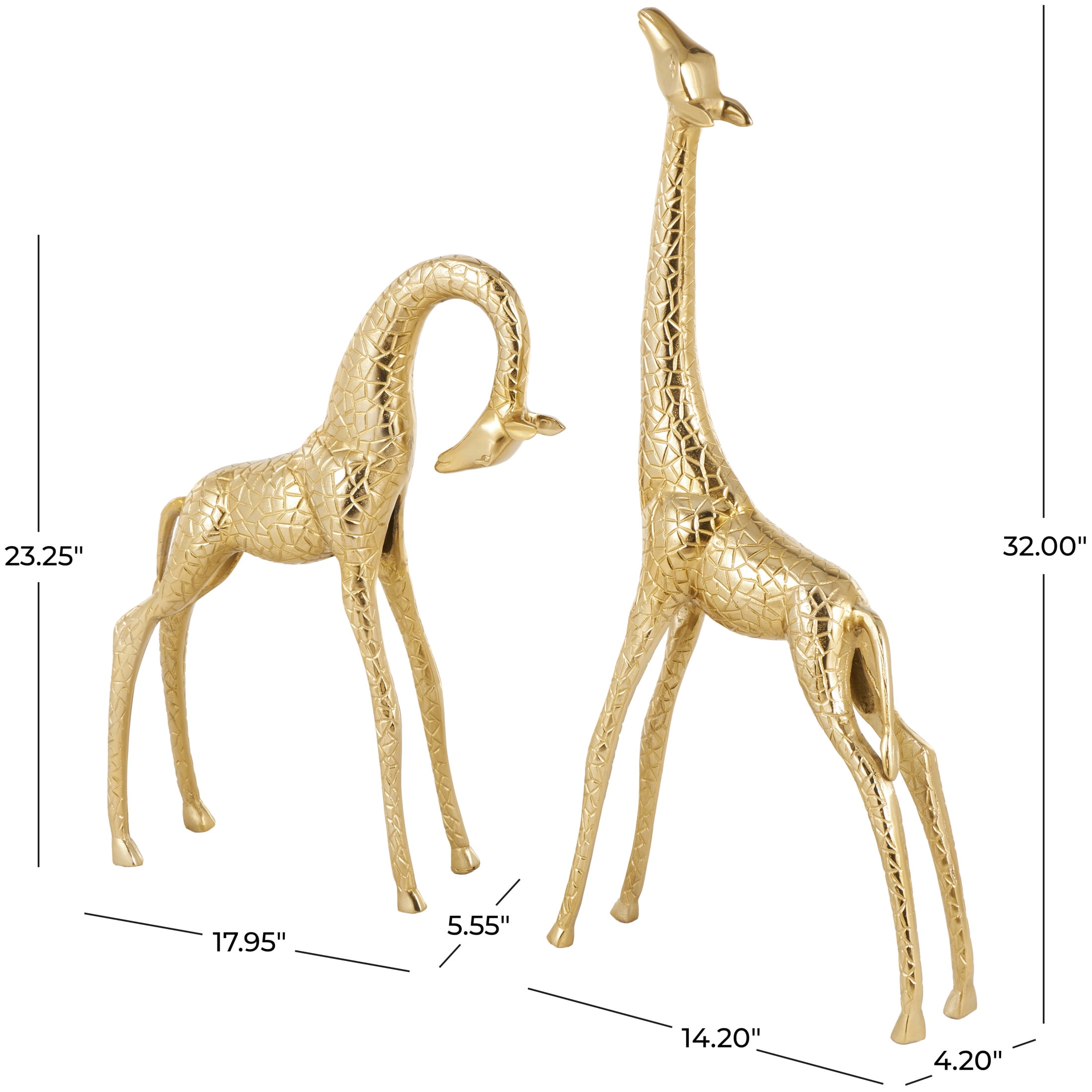 32", 23"H Gold Aluminum Metal Standing Giraffe Sculpture with Carved Spots, by DecMode (2 Count)