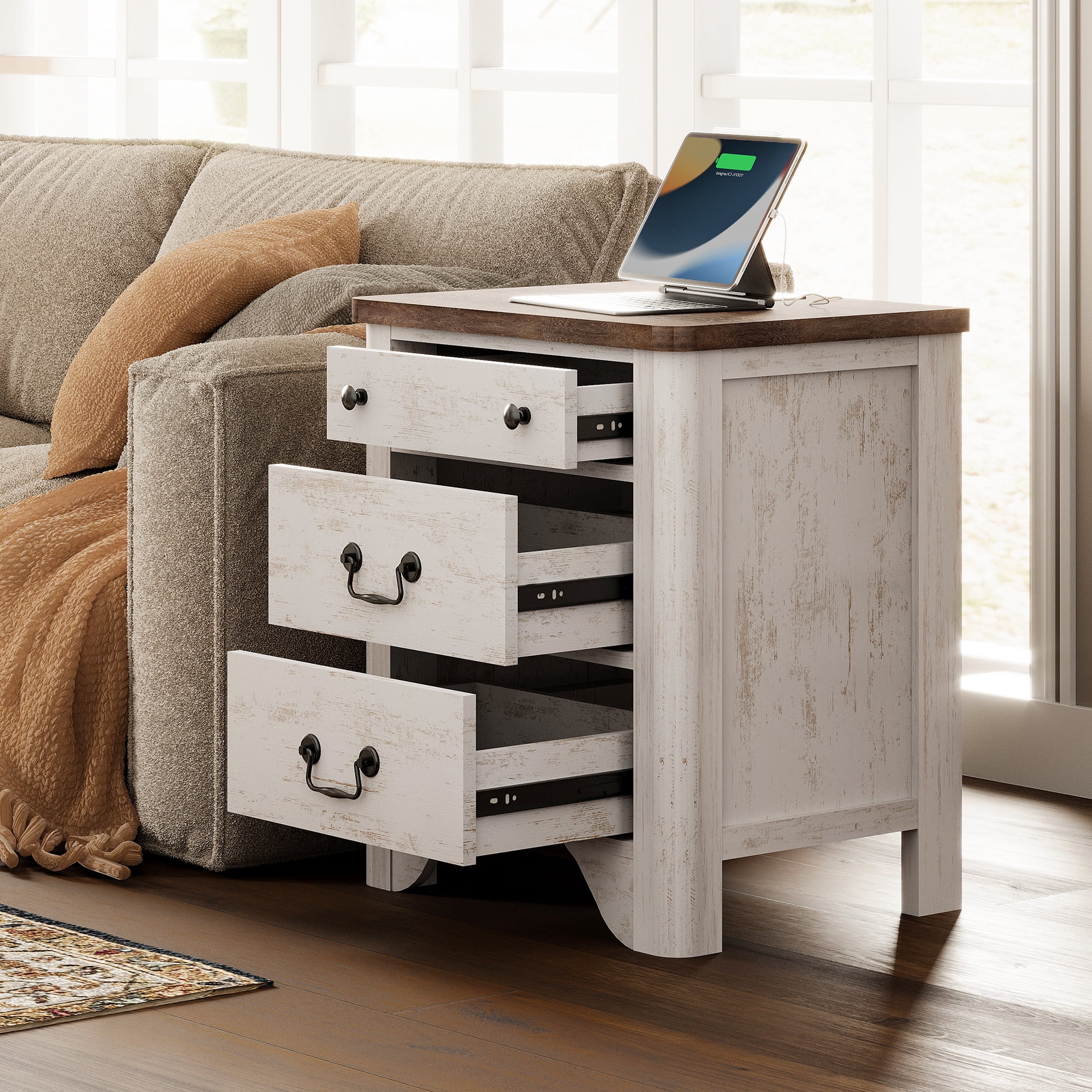Farmhouse 3-Drawer End Table with Charging Station, Wood Side Table for Living Room, White