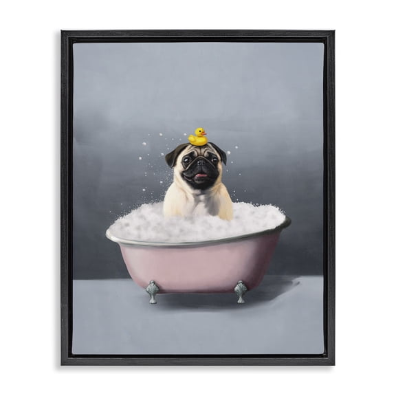 Stupell Industries Bathing Pug with Rubber Duck Bath & Laundry Painting Black Floater Framed Canvas Art Print Wall Art, 17 x 21