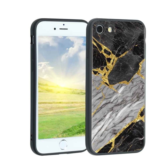 Compatible with iPhone SE 2022 Phone Case, Black And White Golden Marble Case Men Women, Flexible Silicone Shockproof Case for iPhone SE 2022