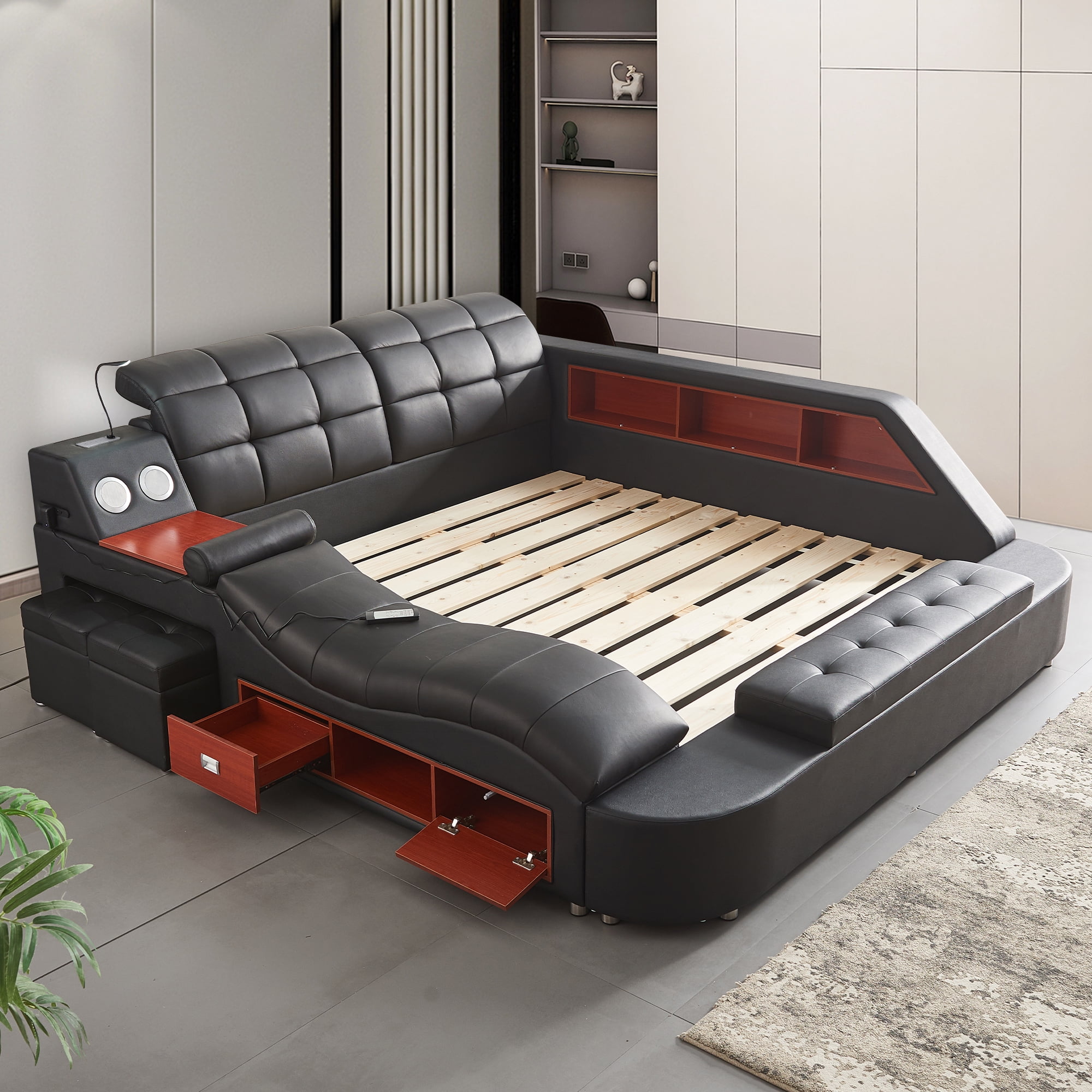 Multifunction Smart King Bed Frame, Upholstered Platform with Massage Recliner, Storage Drawers, Bluetooth Speaker, USB Charging Port, Adjustable Headboard