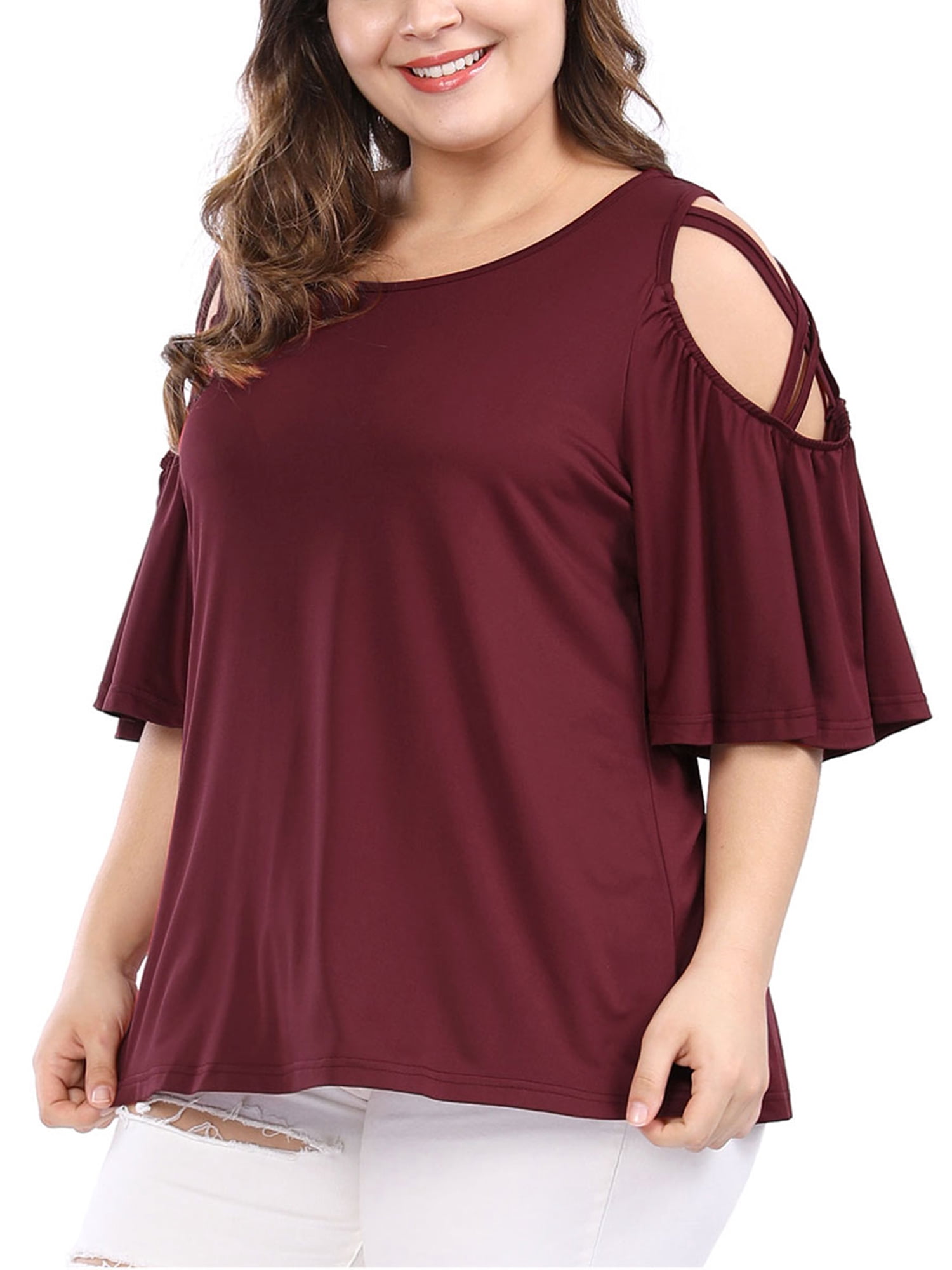 DARING DIVA Women's Plus Cold Shoulder Bell Casual Sleeve Top 1X Red