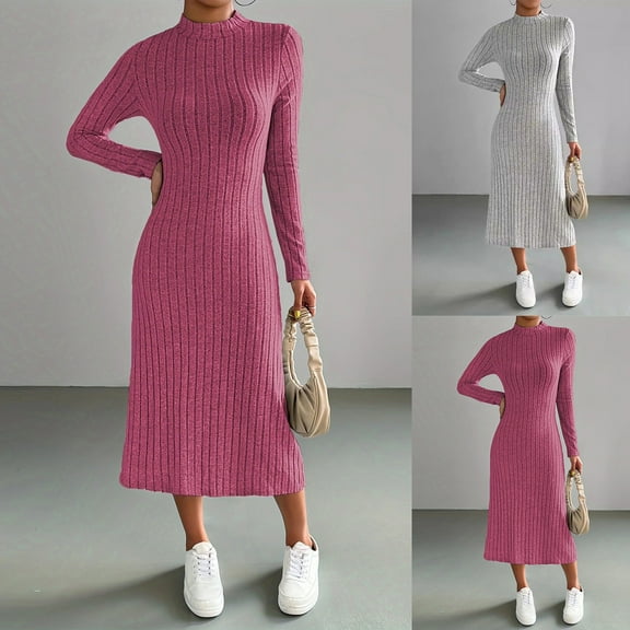 Sentmoon Womens Dresses Fall Long Sleeve Crew Neck Vacation Dress Solid Color Slim Knitted Oversized Cocktail Dresses for Wedding Guest Delightful for Winter Wedding Guest Gray M