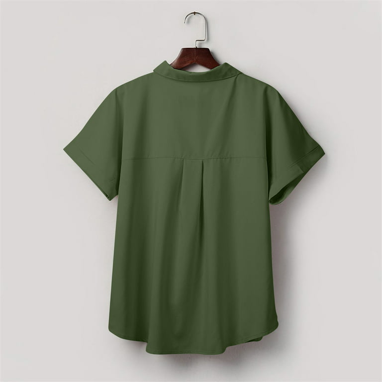 Blouses for Women Fashion 2023 Fashion Woman Causal Button Solid Blouse  Short Sleeve T-Shirt Summer Tops Turndown Collar Button T-shirts Vintage  Tees for Women ,Army Green,M 