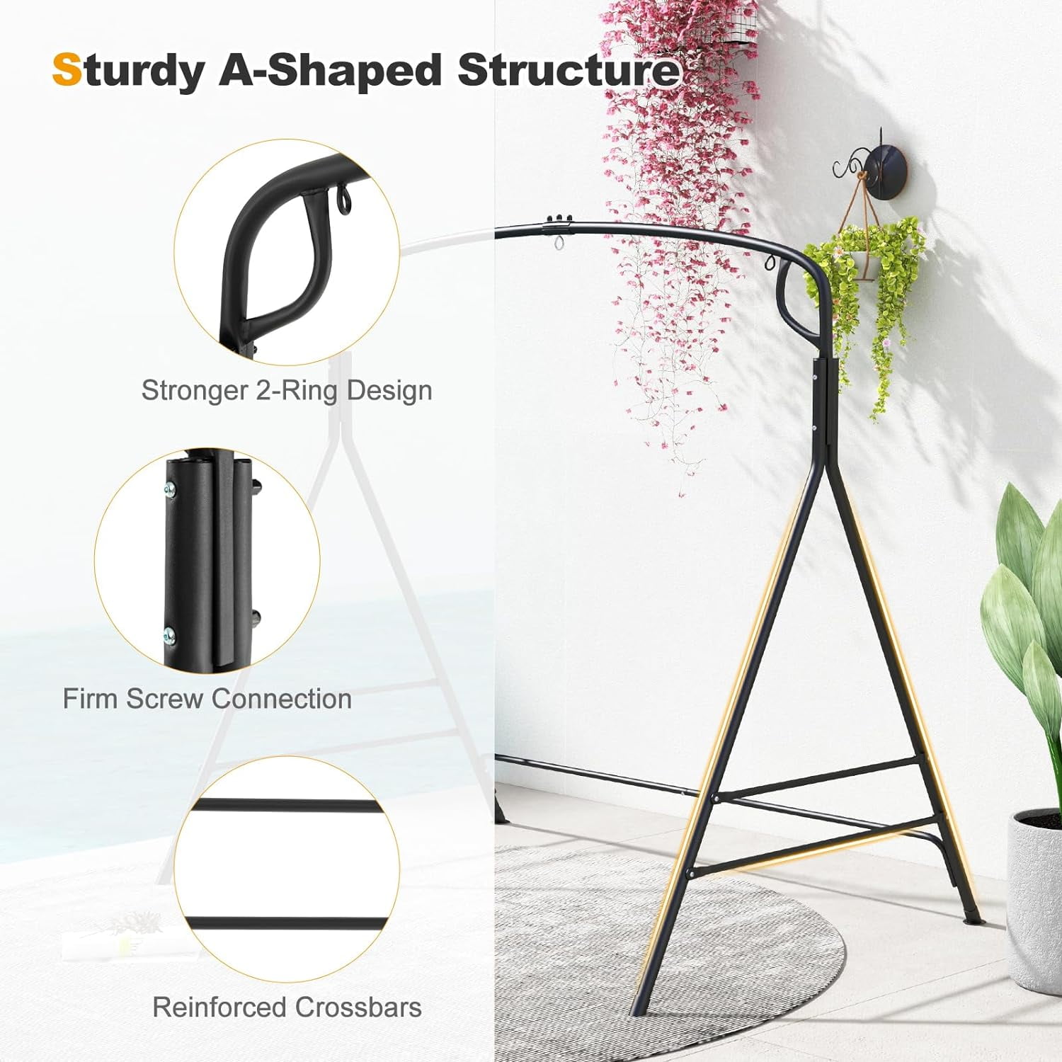 2 In 1 Upgraded Metal Outdoor Porch Swing Stand, Heavy Duty Hanging Swing Frame, Black