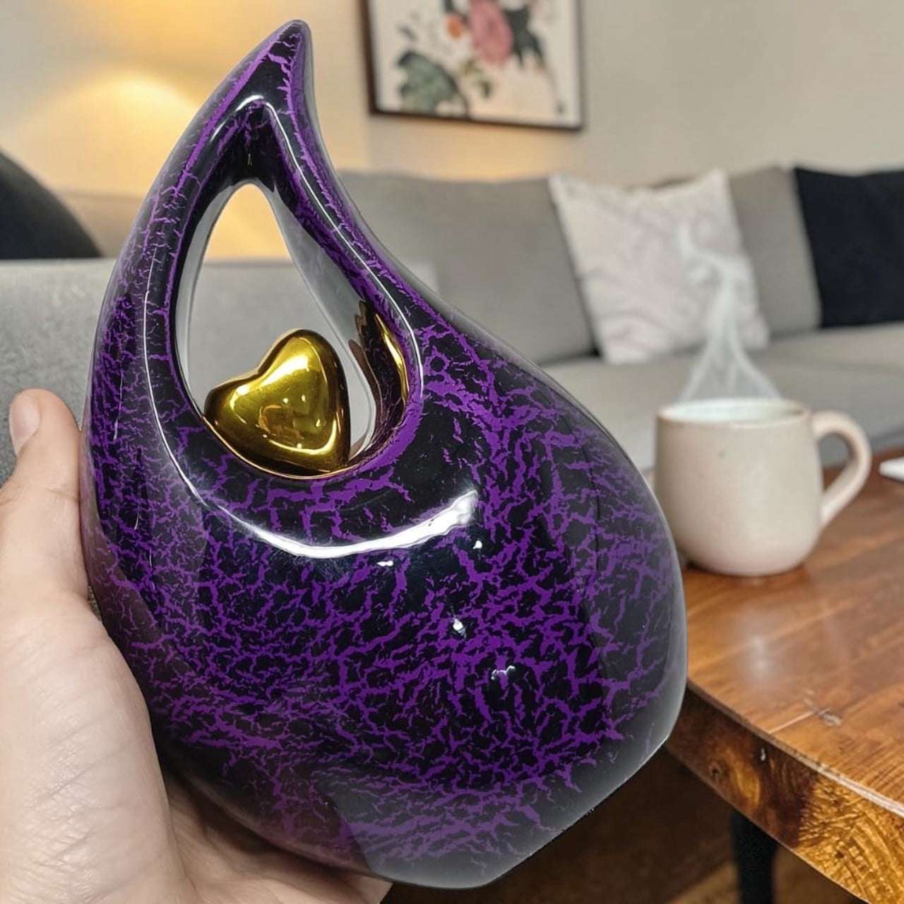 6-Inch Teardrop Cremation Urn for Ashes - Handcrafted Aluminum Keepsake Earns with Velvet Bag, Heart Motif, and Crackle Finish - Small Decorative Funeral Urn for Human or Pet Remains