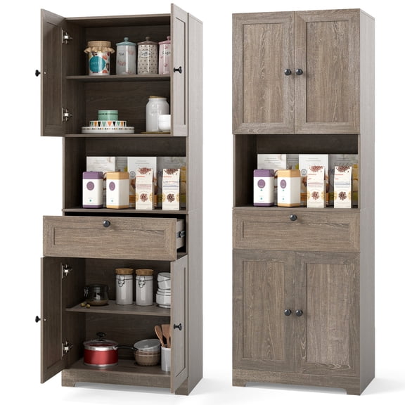 Gymax 67.5'' Kitchen Pantry Cabinet w/4 Doors 1 Drawer Open Countertop Adjustable Shelf Gray Oka