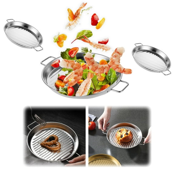 Stainless Steel Round Grill Tray with Handle - Multipurpose Baking and Serving Dish for Breakfast, Desserts, Potato Chips, and Grilled Foods, Durable and Easy-to-Clean Design