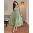 thumbnail image 5 of Green Gingham Square Neck A-Line Midi Dress With Half Puff Sleeves Casual Summer, 5 of 8