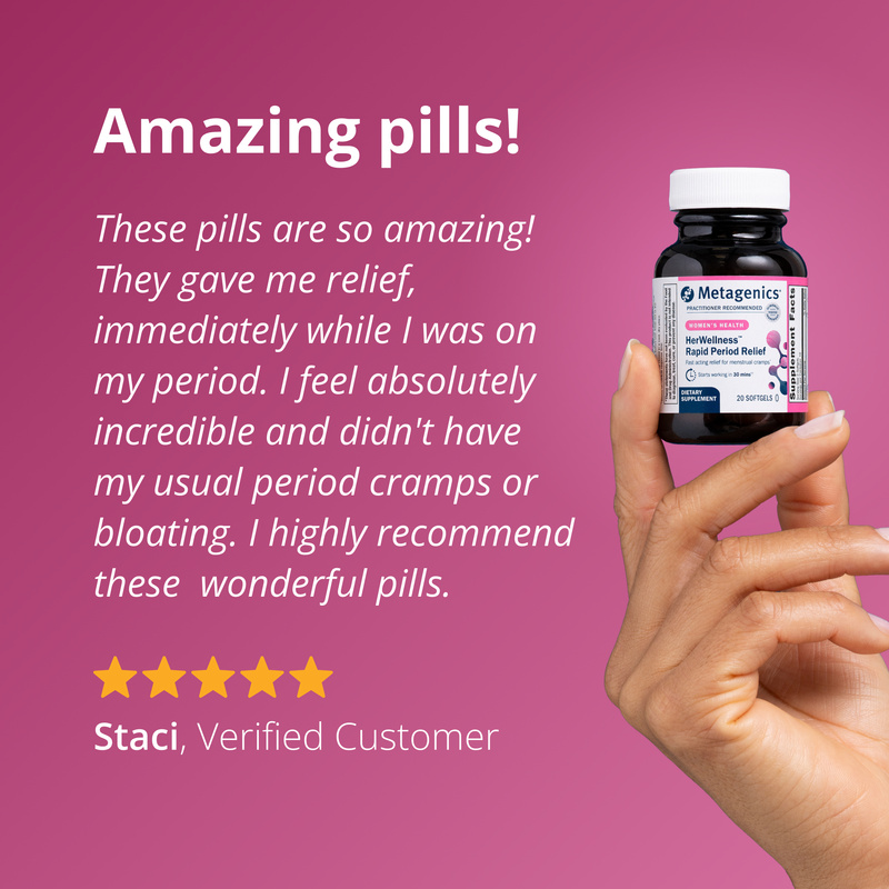 Metagenics HerWellness Rapid Period Relief - Delivers Fast, Long-Lasting Relief from Menstrual Discomfort, Back Soreness, Head Tension & Fatigue* - Includes Turmeric & Boswellia - 20 Softgels