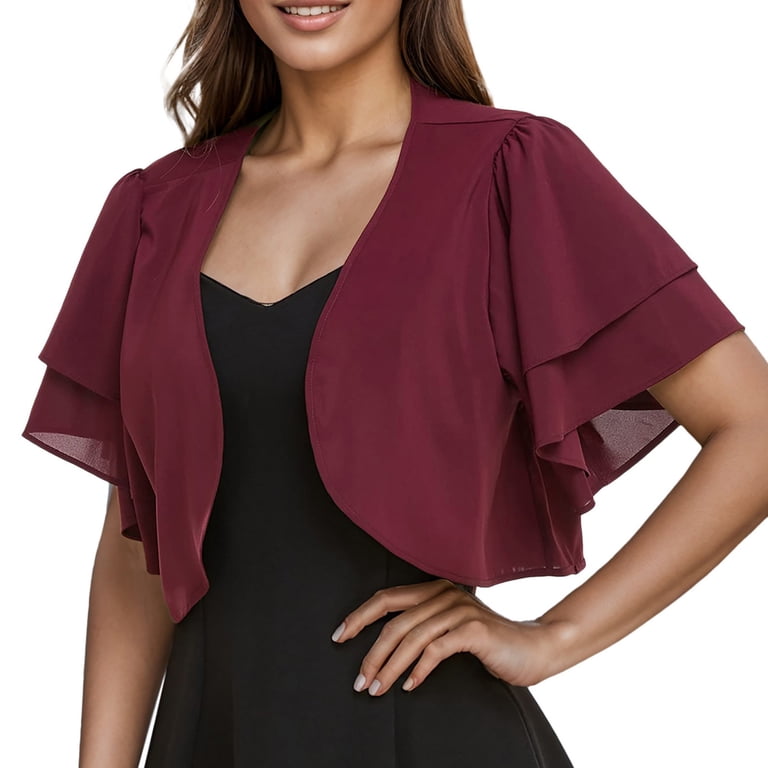 women shrugs for dresses Shrug Soft Chiffon Open Front Sheer 3/4 Sleeve Bolero Cardigan Evening Dress(Black,S) at Amazon Women's Clothing store a dinner date Bwdbhd Womens Shrugs for Summer