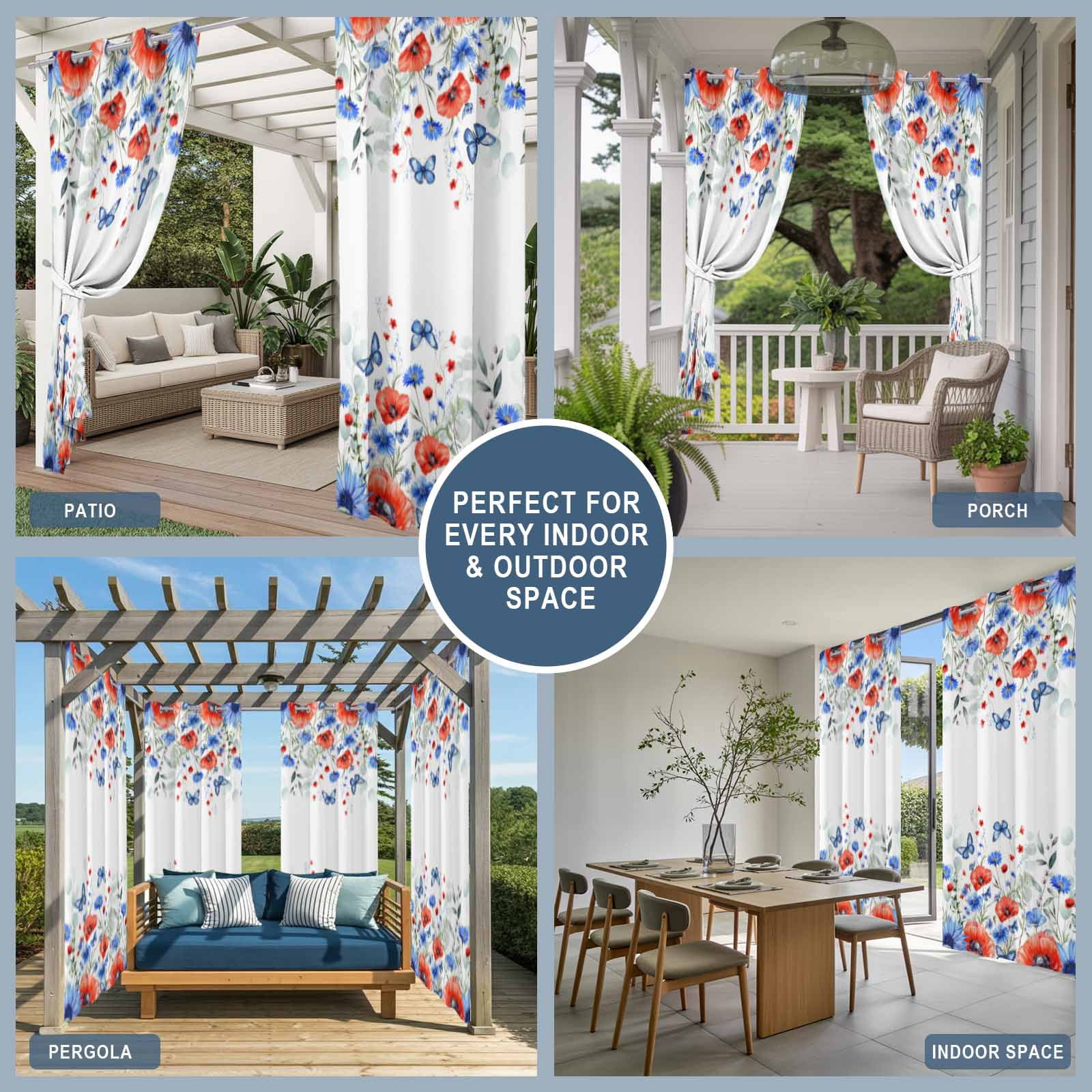 Independence Day Outdoor Curtains for Patio, Red Blue Poppy Butterfly Eucalyptus Leaf Sunshade Privacy Drapes Grommet Waterproof Outside Curtains for Porch/Cabana/Balcony 54"x 108", 1 Panel