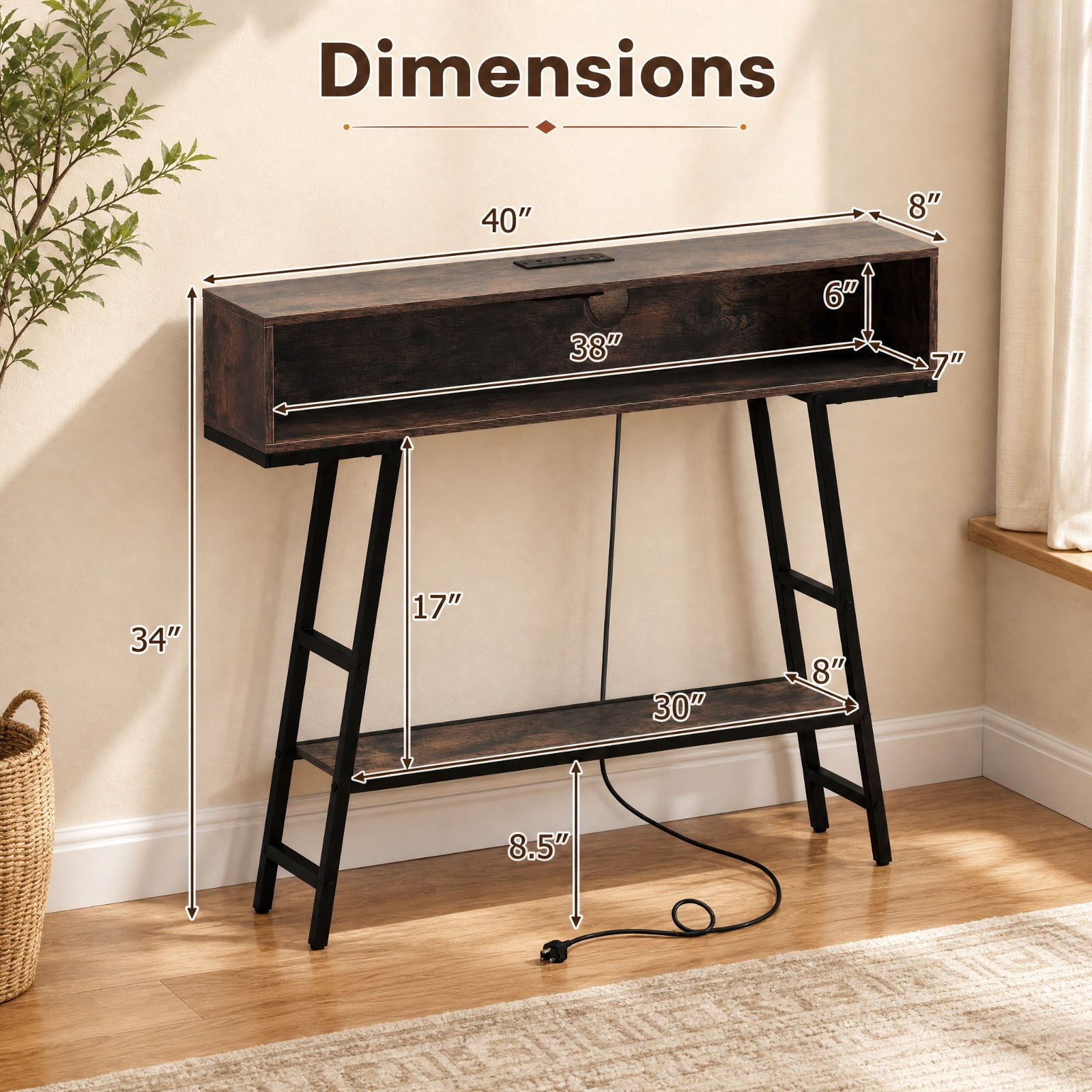 Furnibear 40 Inch Entryway Console Table with USB Type-C AC Charging Station and App Controlled RGB LED Lights for Hallway, Rustic Brown