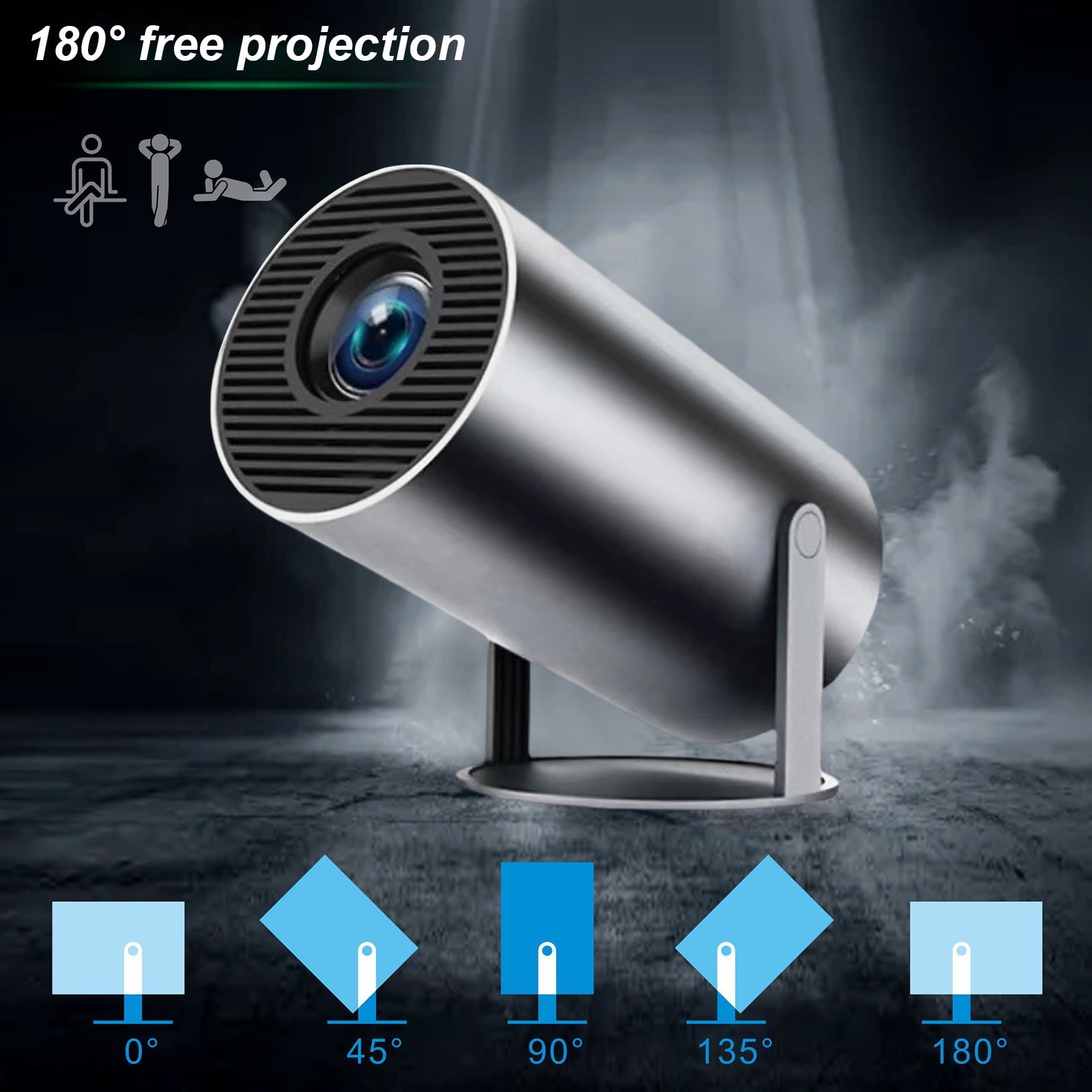 Mini Projector Smart 4K Projector 180° Rotation, Projector for Outdoor Movie, Black