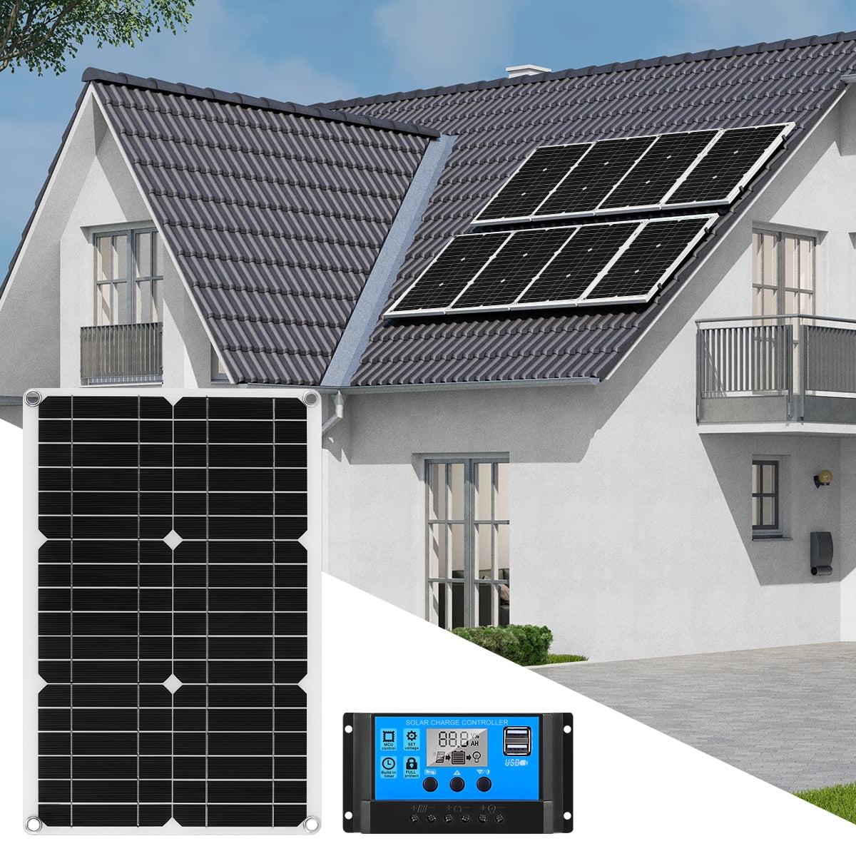 Lohoms Solar Panel Kit, 12V Battery Charger with 100A Controller, Flexible for Camping, RV, Home, Boat