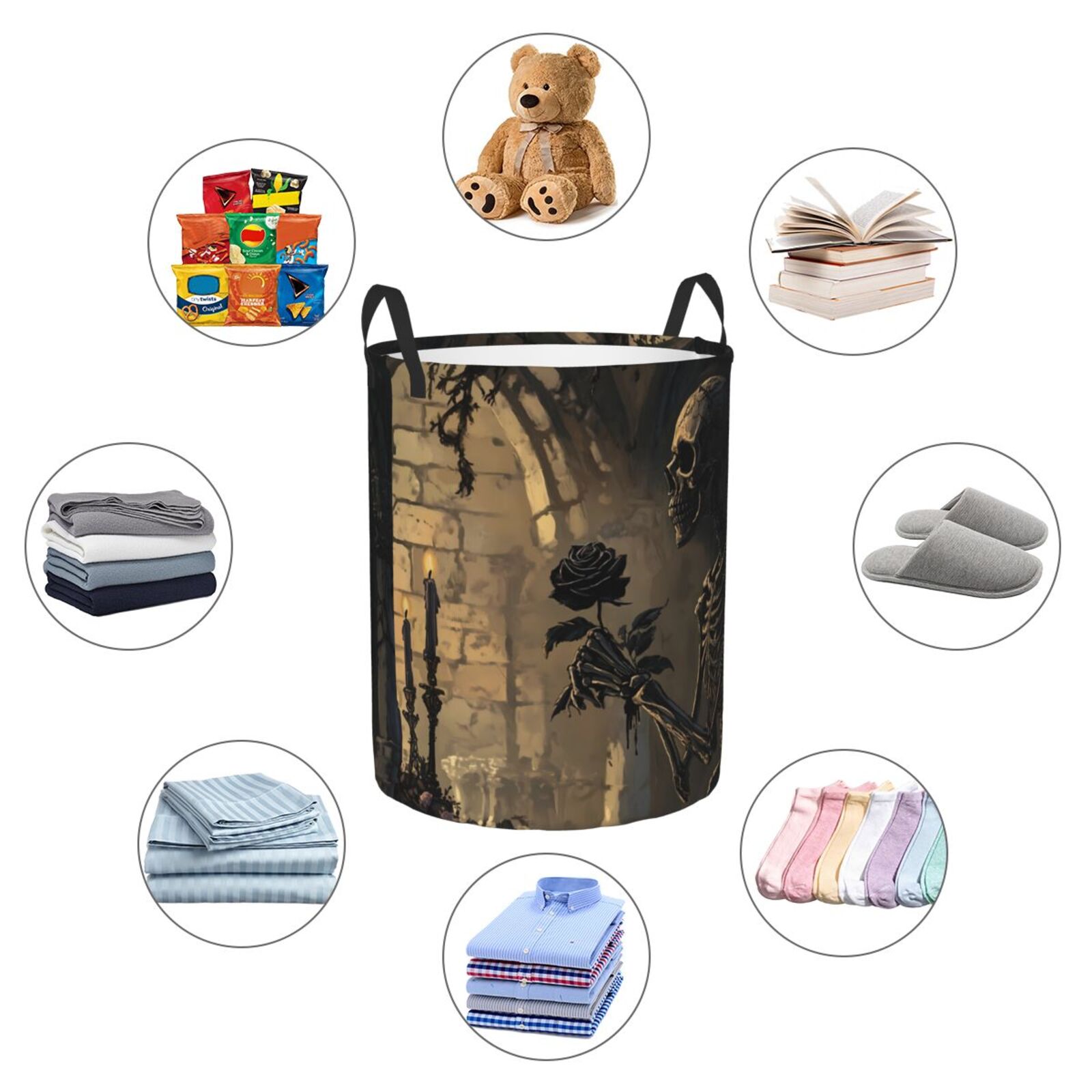 Large Laundry Basket with Handles - Halloween Gothic Skull Rose B Kids Baby Dirty Clothes Laundry Hamper for Bedroom Aesthetic