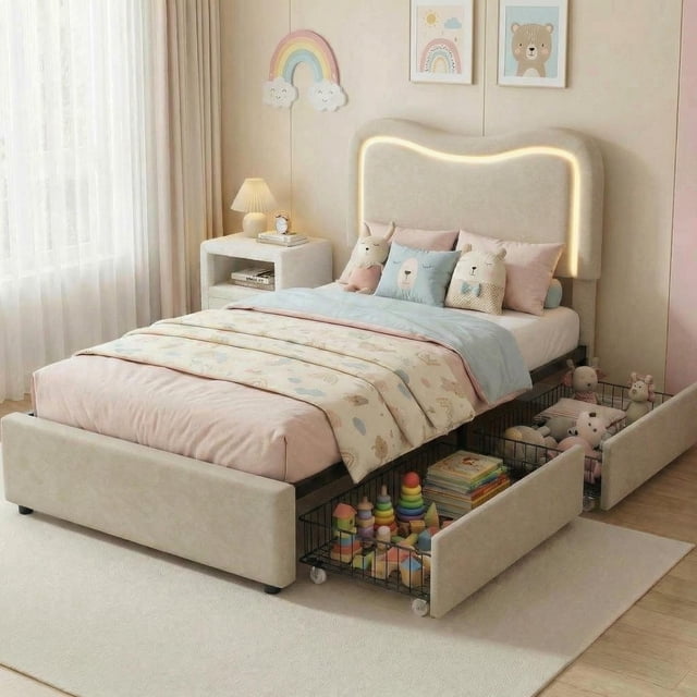 Yiwa Upholstered Boucle Platform Bed, LED Headboard Frame with 2 Storage Drawers and Wood Slats, No Box Spring Needed