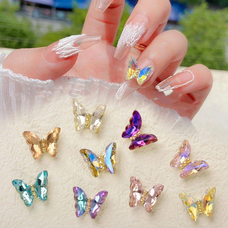 10pcs Shiny Colorful Crystal Butterfly Nail Charms 3D Glitter
