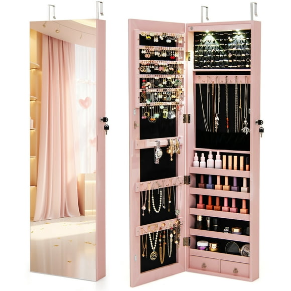 Giantex Jewelry Armoire Wall Door Mounted, Full Screen Jewelry Cabinet for Bedroom, Lockable Jewelry Cabinet with LED Lights and Frameless Mirror, 1 Scarf Rod, 36 Hooks, 1 Makeup Pouch (Pink)